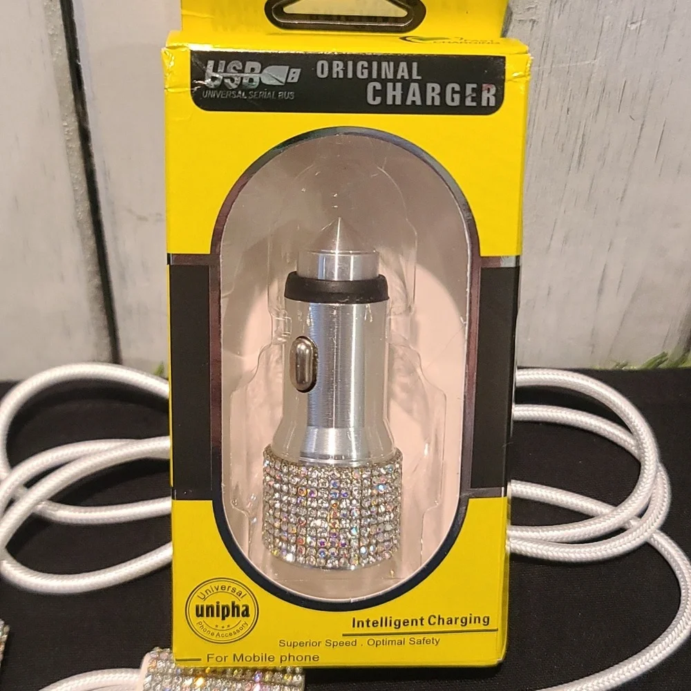 Charger system rhinestone Iphone,USB A, USB C & USB android white cord